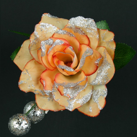 Róża z brokatem i listkami