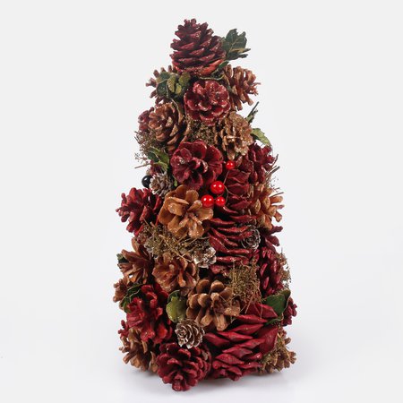 Choinka szyszkowa czerwona 35 cm z naturalnymi szyszkami zdobieniami i złotym brokatem