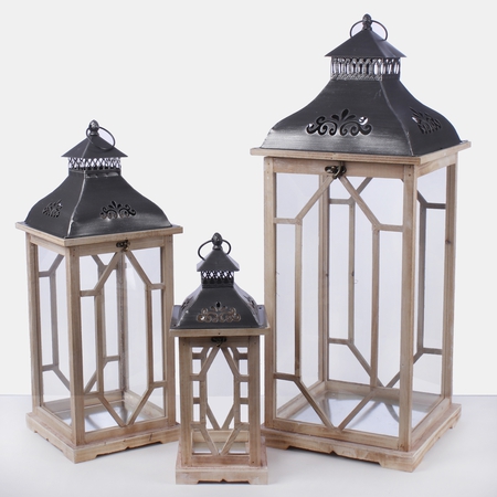 Lampion drewniany z metalową kopułą x 3